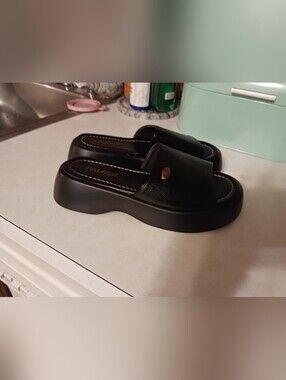 Black Platform Slide Sandals with Gold Accent